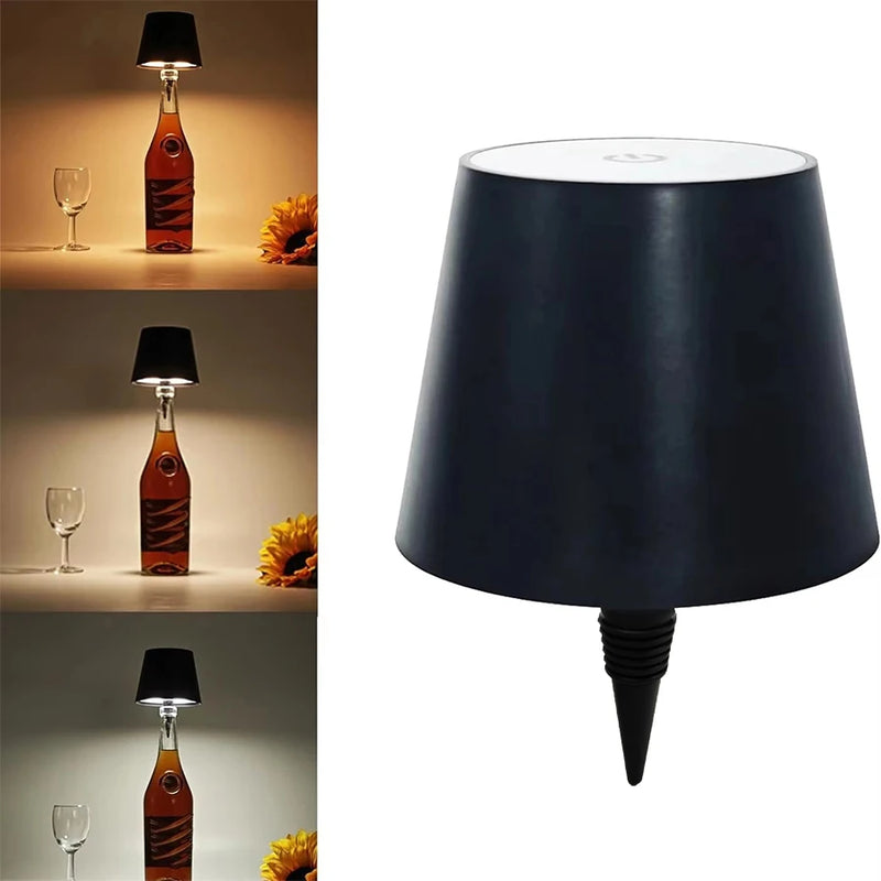 Abajur de mesa sem fio com controle de toque. Decoração de garrafas de vinho e iluminação de mesa